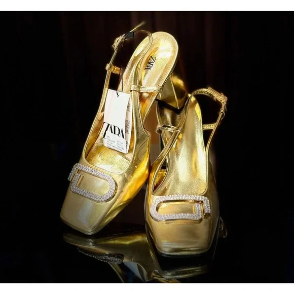 ZARA BLOGGER FAVE!!! Gold Square Toe Slingback Pumps ✨ Size 6.5 & 7.5 NWT - Picture 12 of 16